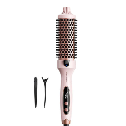 Hair styling tool with digital display and attachments on a white background