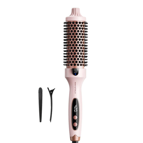 Hair styling tool with digital display and attachments on a white background