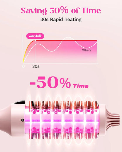 Hair styling tool with text indicating rapid heating and time savings